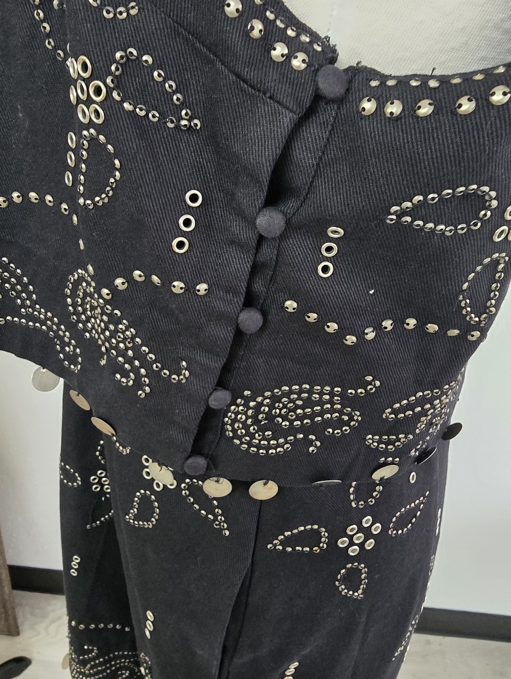 FREE PEOPLE Seven Wishes Black Cotton Pewter Riveted Mini Dress NWOT Womens Sz L - Picture 8 of 11